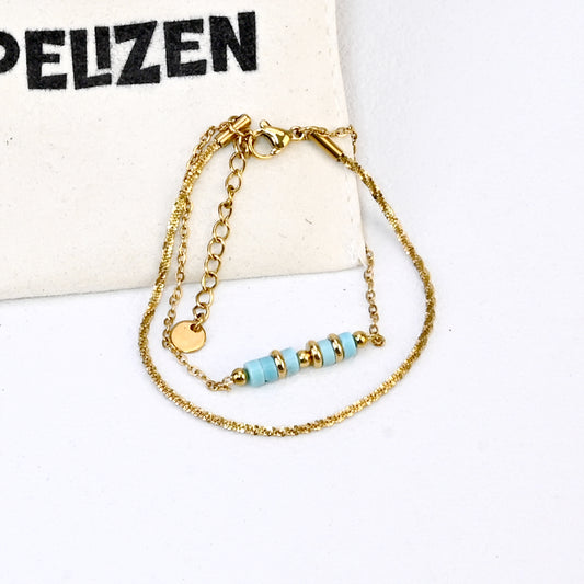 18K Gold Plated Stainless Steel Turquoise Bracelet for Women, Double Layer Boho Beaded Bracelet with Natural Stone, Adjustable Healing Crystal Jewelry, Gift for Her, Wife, Mother (Gold)